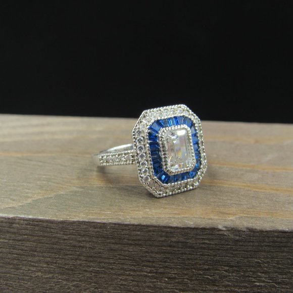 Size 6.25 Sterling Silver Cubic Zirconia & Blue Topaz Fancy Band Ring Vintage - Picture 4 of 9